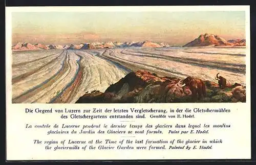 Künstler-AK Luzern, Gletschergarten zur Zeit der letzten Vergletscherung, Mammuts auf dem Felsen
