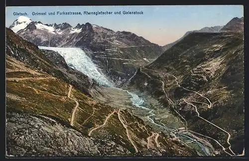 AK Gletsch, Gebirgspanorama mit Rhonegletscher und Galenstock