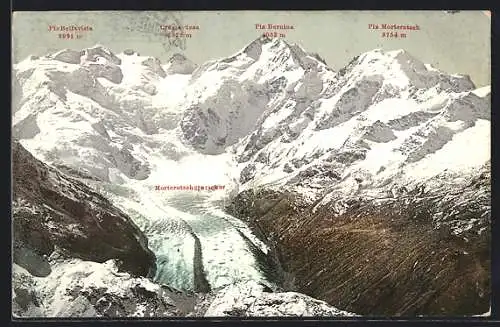 AK Morteratschgletscher, Gletscher-Ansicht mit Piz Bernina, Piz Morteratsch und Piz Bellavista