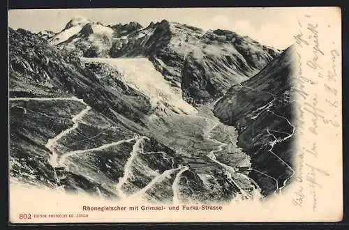 AK Rhonegletscher mit Grimsel- und Furka-Strasse