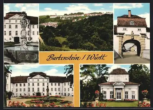 AK Bartenstein /Württ., Ortsansicht und Brunnen vor dem Schloss
