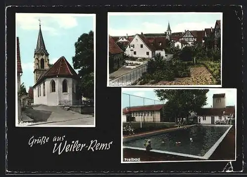 AK Weiler / Remstal, Kirche, Strassenpartie und Freibad