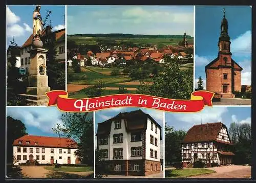 AK Hainstadt /Baden, Denkmal, Kirche und Rathaus