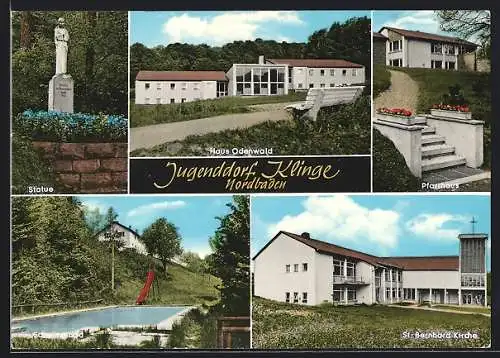 AK Klinge / Seckach, Haus Odenwald, Schwimmbad, St. Bernhard-Kirche, Pfarrhaus