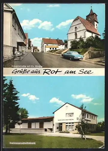 AK Rot am See, Hauptstrasse mit Ev. Kirche, Genossenschaftsbank