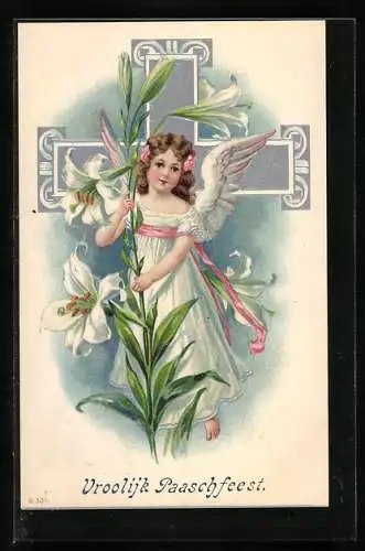 Präge-AK Osterengel vor einem Kreuz mit grosser Lilienpflanze