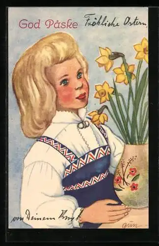Künstler-AK Junges Mädchen mit Blumenvase zu Ostern