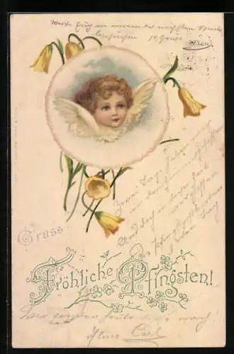 AK Fröhliche Pfingsten, Engel in einer Blase vor gelben Blumen