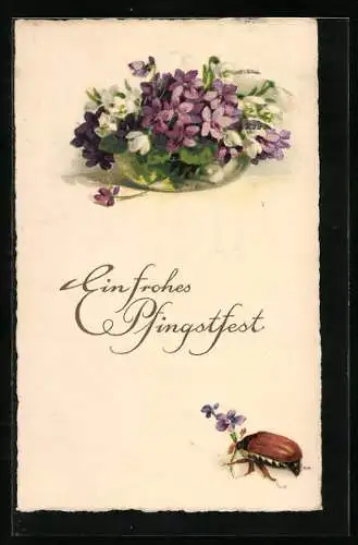 AK Maikäfer an Pfingsten vor einem Veilchenstrauss