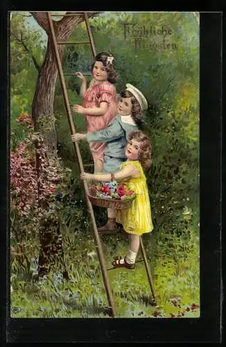 AK Pfingsten, 3 Kinder auf einer Leiter