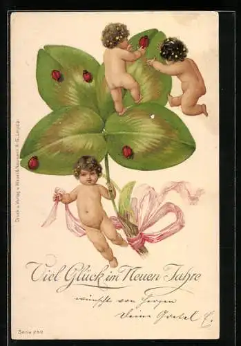 Lithographie Kleine Kinder mit einem Kleeblatt, Marienkäfer, Neujahr