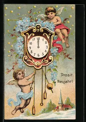 Künstler-AK Neujahrsengel an der Uhr zu Mitternacht, Prosit Neujahr