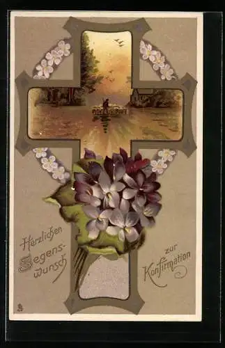 AK Segenswunsch zur Konfirmation, Kreuz, Schäfer und Veilchen