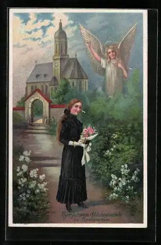 AK Junge Frau mit Blumenstrauss wird zur Konfirmation von einem Engel gesegnet