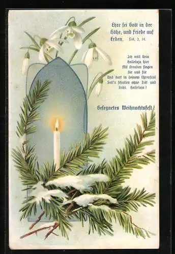 AK Tannenzweig mit brennender Kerze, gesegnetes Weihnachten