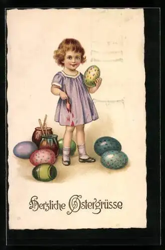 AK Kleines Mädchen bemalt zu Ostern bunte Eier