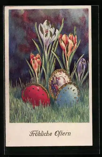 AK Fröhliche Ostern, Bunte Tulpen und Eier