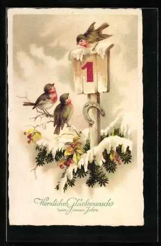 AK Rotkehlchen auf einem Kalenderblatt aus Holz, Neujahr, Hufeisen