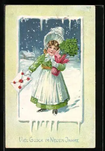 AK Viel Glück im neuen Jahr, Kleine Gratulantin mit Topfpflanze und Brief im Schnee