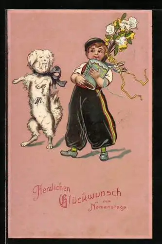 AK Junge trägt schweren Blumentopf, Terrier macht Männchen, Namenstag