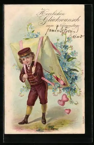 Künstler-AK Kleiner Briefträger bringt zum Namenstag einen Umschlag voller Liebe