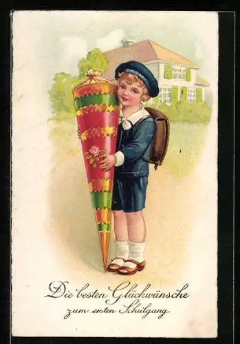AK Die besten Glückwünsche zum ersten Schulgang, Junge im Matrosenanzug mit Schulranzen und Zuckertüte