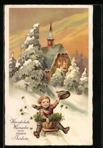 AK Kind rodelt mit Kleeblättern zu Neujahr einen Berg hinab
