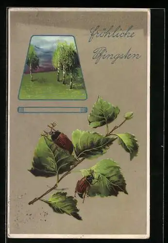 Künstler-AK Fröhliche Pfingsten, Zwei Maikäfer auf grünem Zweig, Frühlingslandschaft