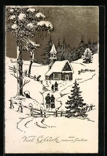 Künstler-AK Paare zu Neujahr auf dem Weg in die Kirche