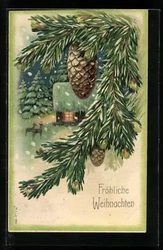 Präge-AK Fröhliche Weihnachten, Tannenzweige vor einer Hütte und Rehe im Wald