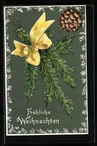 Präge-AK Tannenzweig mit gelber Schleife, Weihnachten