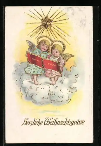 AK Weihnachtsengel mit Liederbuch unter einem Stern