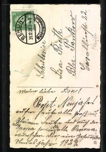 AK Rotnasiger Zwerg und Schwein im Winterwald, Neujahrsgruss