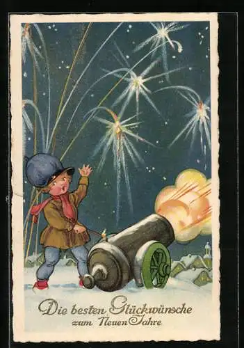 AK Kind zündet Kanone und Feuerwerk zu Neujahr