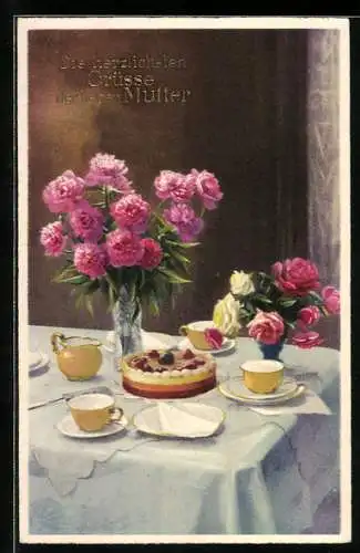 AK Muttertag, gedeckter Tisch mit Rosen und Kuchen