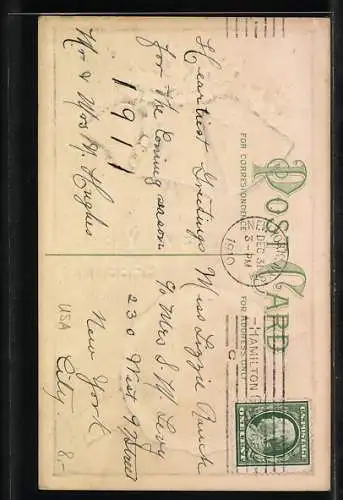 Präge-AK Neujahrsgrüsse, verschneiter Ort und silberne Glocken