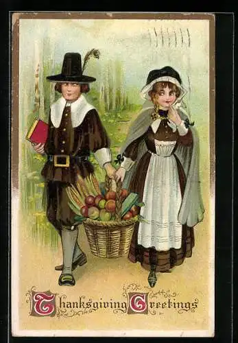 Präge-AK Thanksgiving, Junges Paar mit Korb voller Äpfel