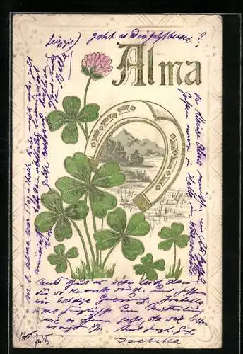 Präge-AK Hufeisen und Kleeblatt für Alma