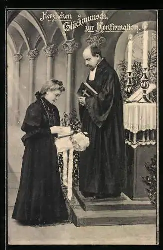 AK Junge Frau bei ihrer Konfirmation vor dem Pfarrer