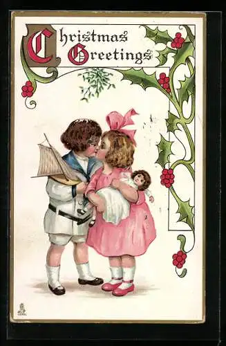AK Kleines Paar küsst sich an Weihnachten unter dem Mistelzweig
