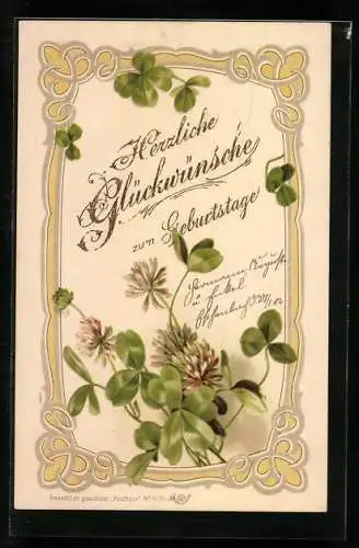 AK Kleeblätter und Blumen, Glückwünsche zum Geburstag