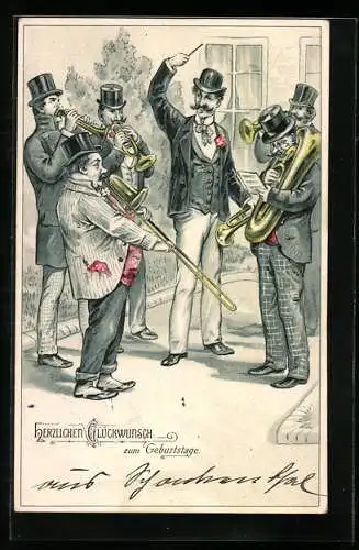 AK Musizierende Männer mit Trompete und Tuba, Geburtstag