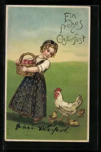 Präge-AK Mädchen und Huhn zu Ostern mit bunten Eiern