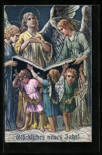AK Kleine Neujahrsengel halten riesiges Buch, grosse Engel lesen