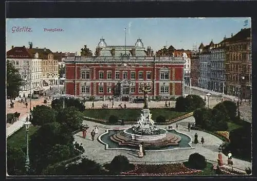 AK Görlitz, Postplatz mit Postgebäude und Strassenbahn