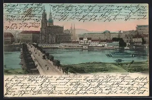 AK Dresden, Altstadt mit Kirche und Augustusbrücke vom Wiener Garten gesehen