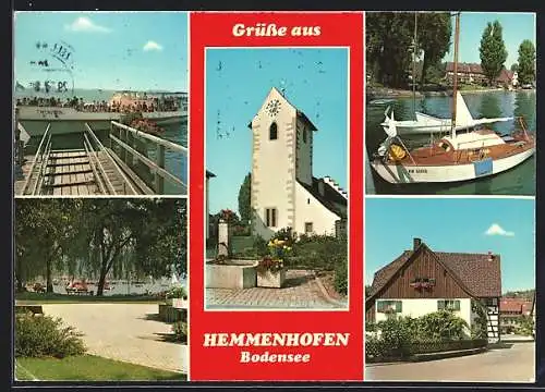 AK Hemmenhofen /Bodensee, Ausflugsboot am Steg, Strassenpartie und Segelboot