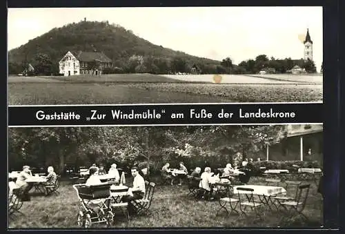 AK Kunnerwitz, Gasthaus zur Windmühle mit Gartenlokal, Blick zur Landeskrone