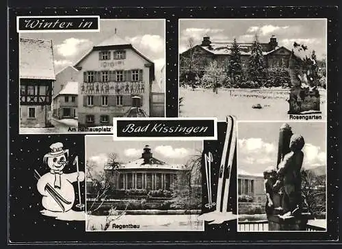 AK Bad Kissingen, Rathausplatz, Rosengarten und Regentbau im Schnee