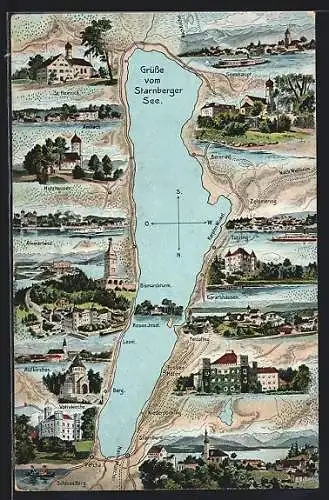 AK Tutzing, Kartographische Darstellung mit Starnberger See und Umgebung